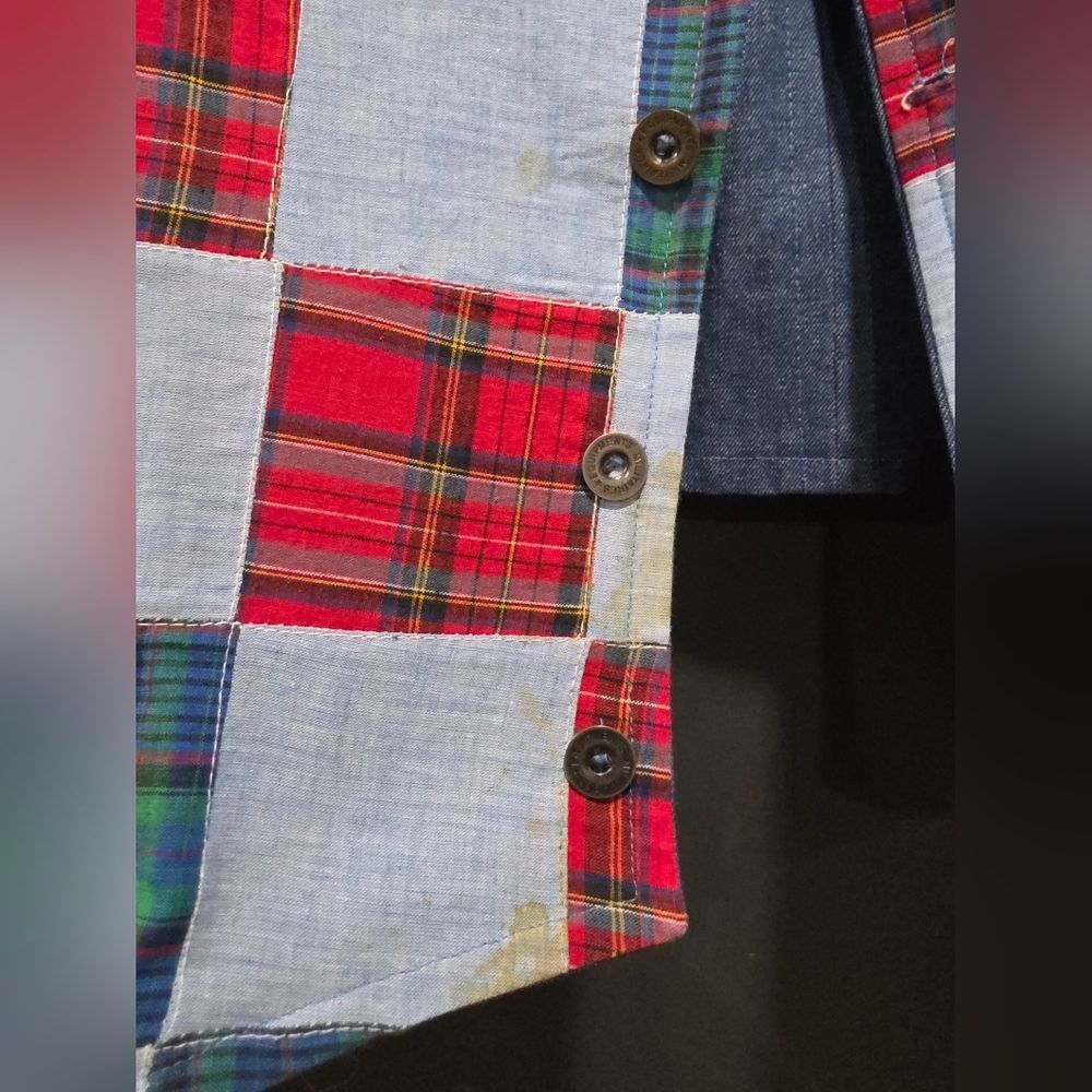 VTG Chambray Patchwork 4 Button Multicolor Plaid … - image 3